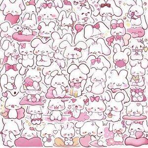 50 Cute Cartoon Easter Bunny Stickers Pink & White Kids Party Favors Egg Hunt